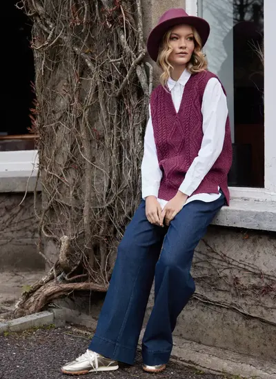Cara Sleeveless V-Neck Sweater in Raspberry Marl Made in Blarney Ireland Hand Linked Hand Finished